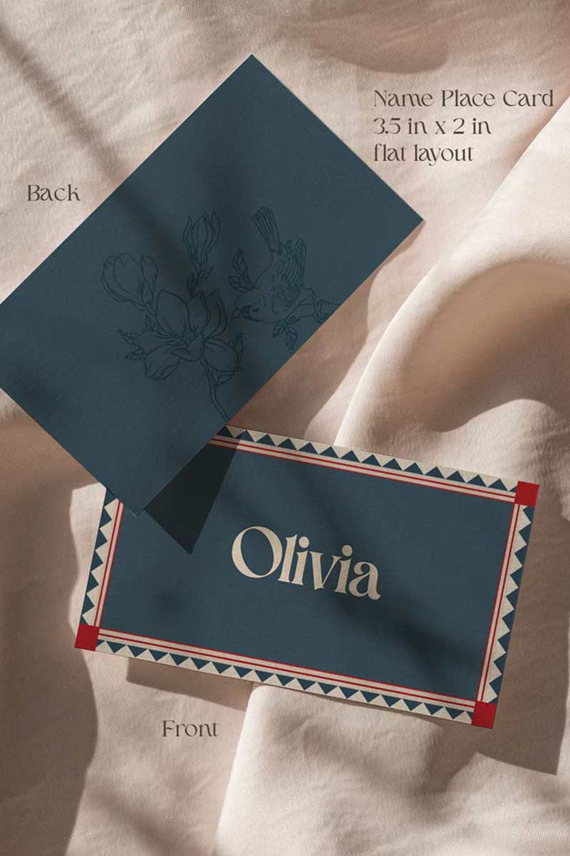 Retro Wedding Name Place Cards with navy blue, beige, red & orange marigold florals & bird. Escort Cards. Folded tent style & flat lay. Indian Wedding events for Sangeet, Haldi, Maiyan or Jago. Wedding Signage. Wedding signature drink editable menu. Canva template. Guest name card 3.5" x 2". Personalize and customize in Canva. Digital Download.  Print around the world at a local print shop.