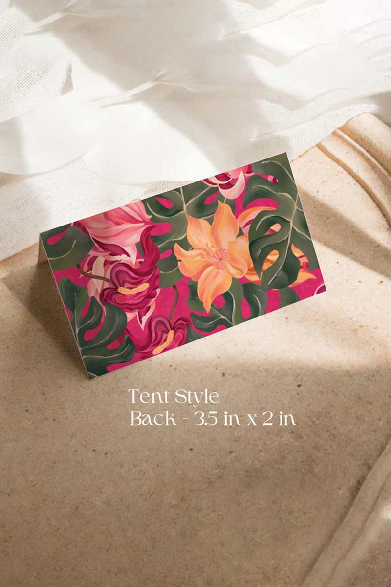 Orange, yellow & pink tropical floral Wedding Escort Card with orange marigold florals. Pink roses. Traditional Indian wedding stationery & name place card. Guest name card. Indian Wedding events for Sangeet, Haldi, Maiyan or Jago. Wedding Signage. Personalize and customize in Canva. Digital Download.  Print around the world at a local print shop.