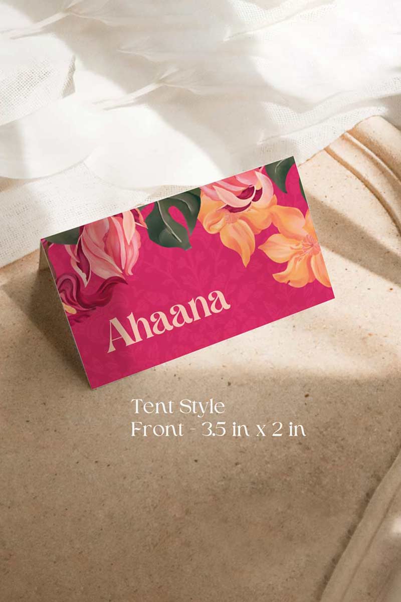 Orange, yellow & pink tropical floral Wedding Escort Card with orange marigold florals. Pink roses. Traditional Indian wedding stationery & name place card. Guest name card. Indian Wedding events for Sangeet, Haldi, Maiyan or Jago. Wedding Signage. Personalize and customize in Canva. Digital Download.  Print around the world at a local print shop.