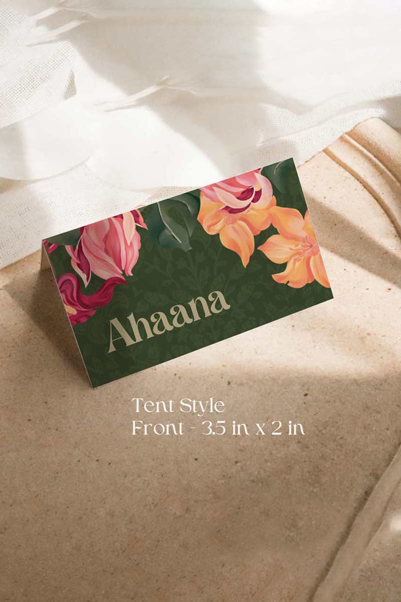 Green, Orange, yellow & pink tropical floral Wedding Escort Card with orange marigold florals. Pink roses. Traditional Indian wedding stationery & name place card. Guest name card. Indian Wedding events for Sangeet, Haldi, Maiyan or Jago. Wedding Signage. Personalize and customize in Canva. Digital Download.  Print around the world at a local print shop.