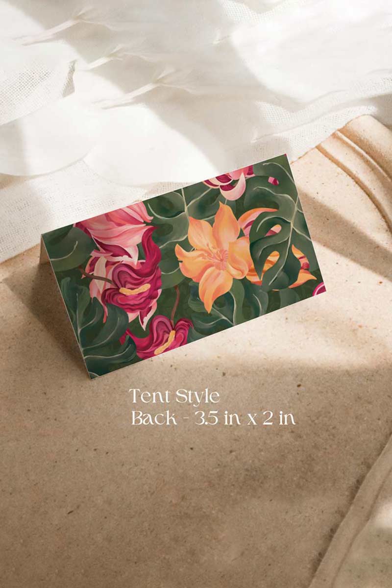 Green, Orange, yellow & pink tropical floral Wedding Escort Card with orange marigold florals. Pink roses. Traditional Indian wedding stationery & name place card. Guest name card. Indian Wedding events for Sangeet, Haldi, Maiyan or Jago. Wedding Signage. Personalize and customize in Canva. Digital Download.  Print around the world at a local print shop.