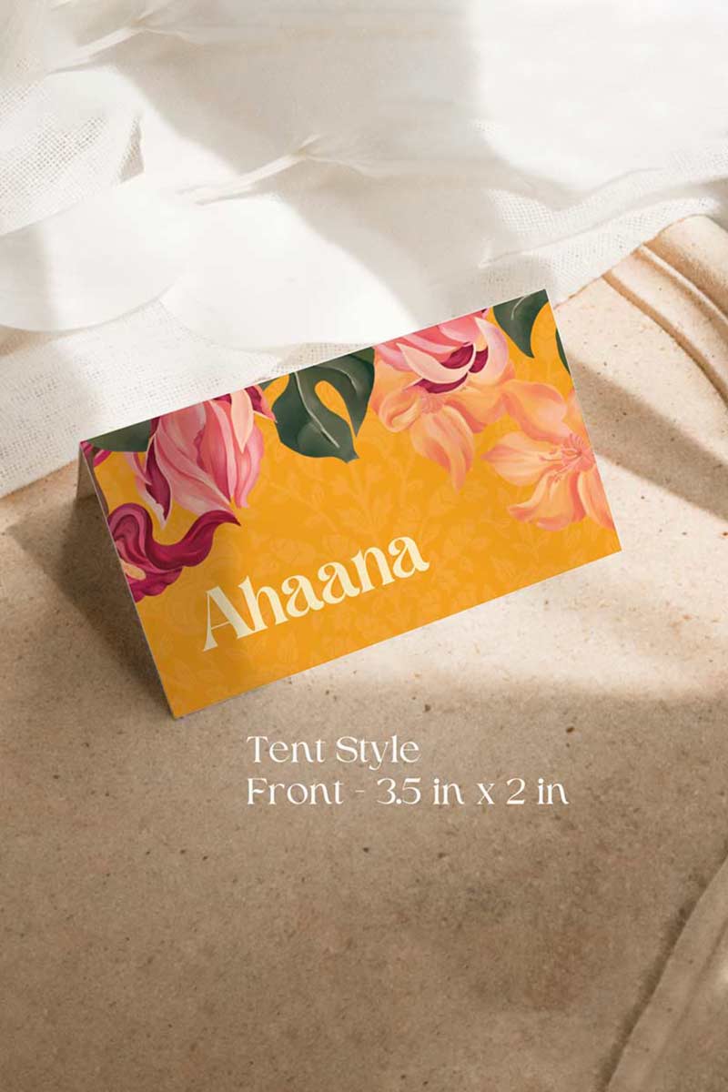 Orange, yellow & pink tropical floral Wedding Escort Card with orange marigold florals. Pink roses. Traditional Indian wedding stationery & name place card. Guest name card. Indian Wedding events for Sangeet, Haldi, Maiyan or Jago. Wedding Signage. Personalize and customize in Canva. Digital Download.  Print around the world at a local print shop.