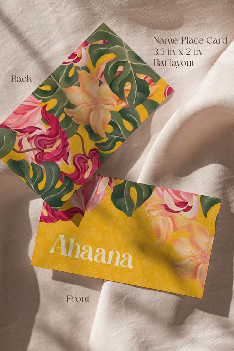 Orange, yellow & pink tropical floral Wedding Escort Card with orange marigold florals. Pink roses. Traditional Indian wedding stationery & name place card. Guest name card. Indian Wedding events for Sangeet, Haldi, Maiyan or Jago. Wedding Signage. Personalize and customize in Canva. Digital Download.  Print around the world at a local print shop.