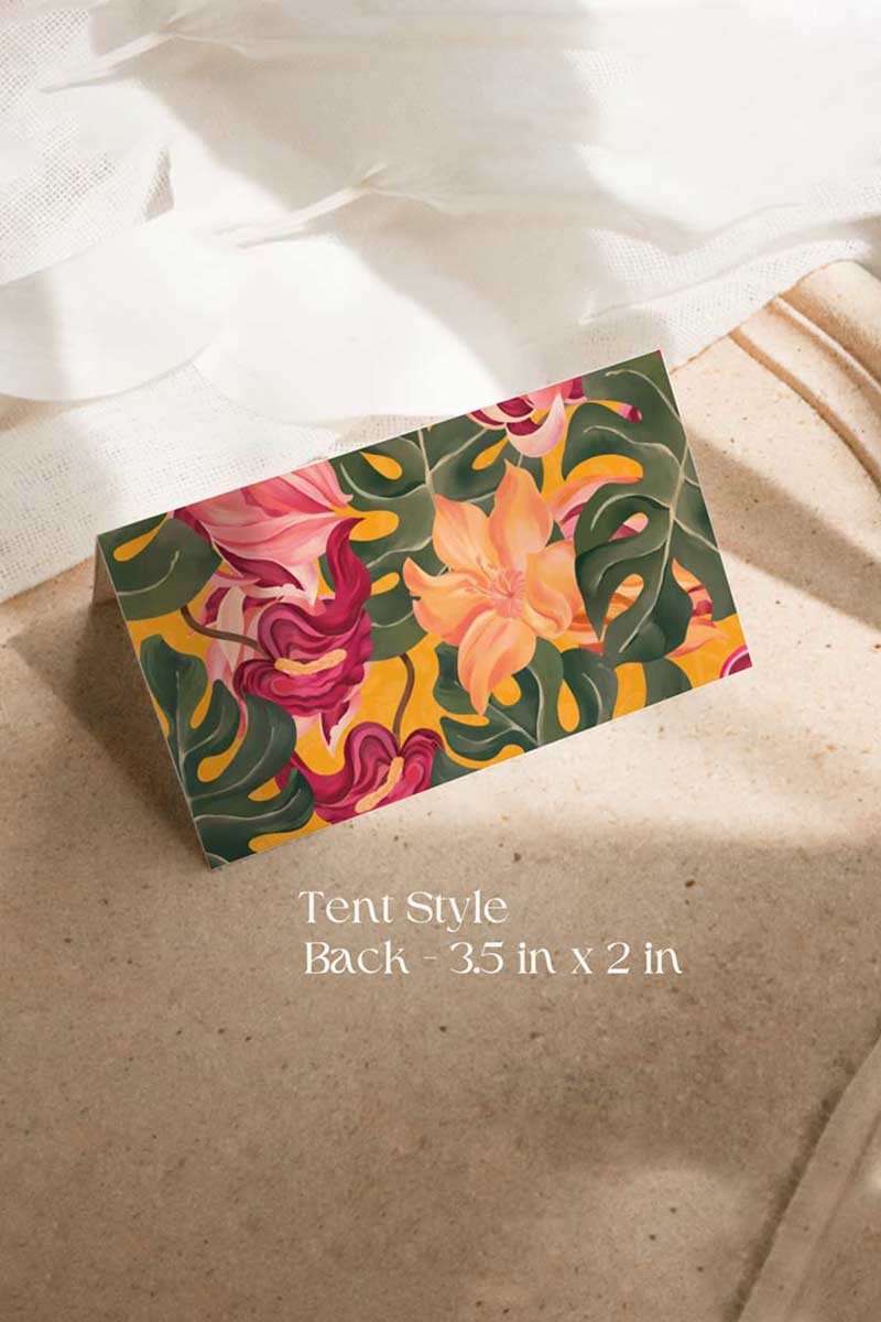 Orange, yellow & pink tropical floral Wedding Escort Card with orange marigold florals. Pink roses. Traditional Indian wedding stationery & name place card. Guest name card. Indian Wedding events for Sangeet, Haldi, Maiyan or Jago. Wedding Signage. Personalize and customize in Canva. Digital Download.  Print around the world at a local print shop.