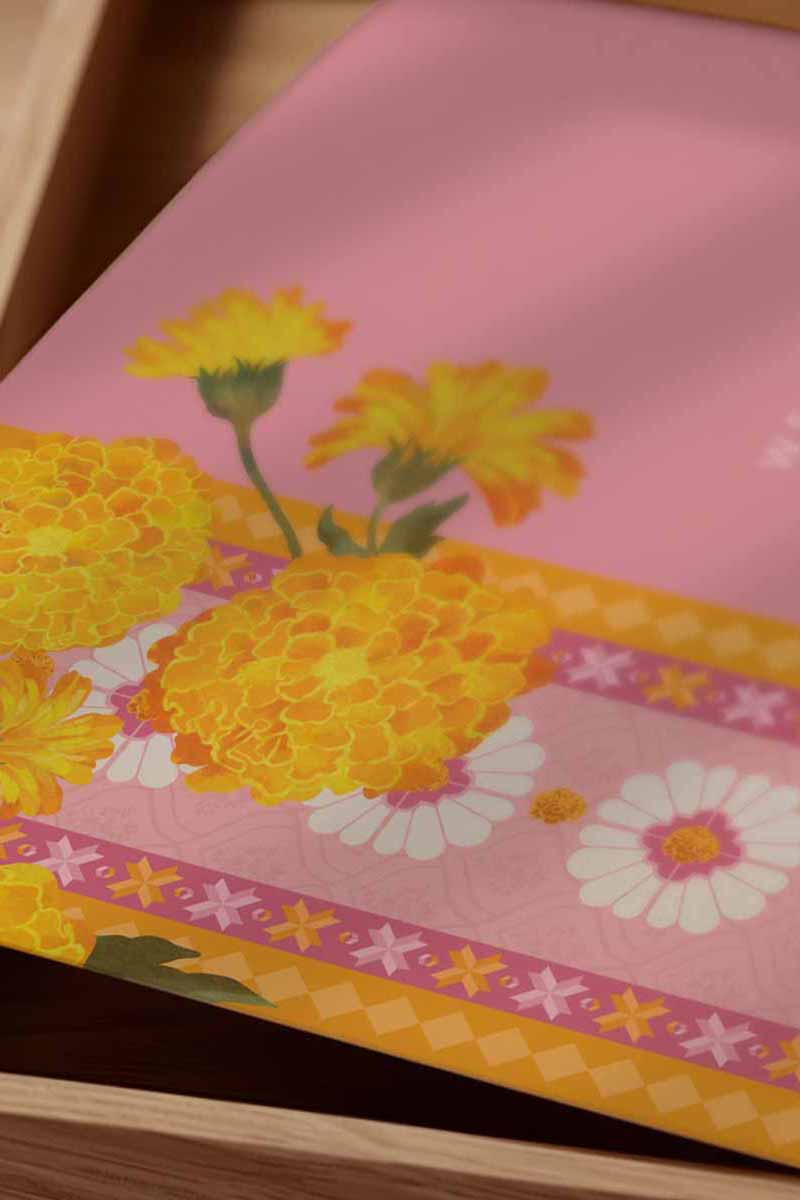 Orange, yellow & soft pink retro Wedding Welcome Sign with orange & yellow marigold florals. Pink roses. Tradiitonal Indian wedding sign. Indian Wedding events for Sangeet, Haldi, Maiyan or Jago. Wedding Signage. Personalize and customize in Canva. Digital Download.  Print around the world at a local print shop.