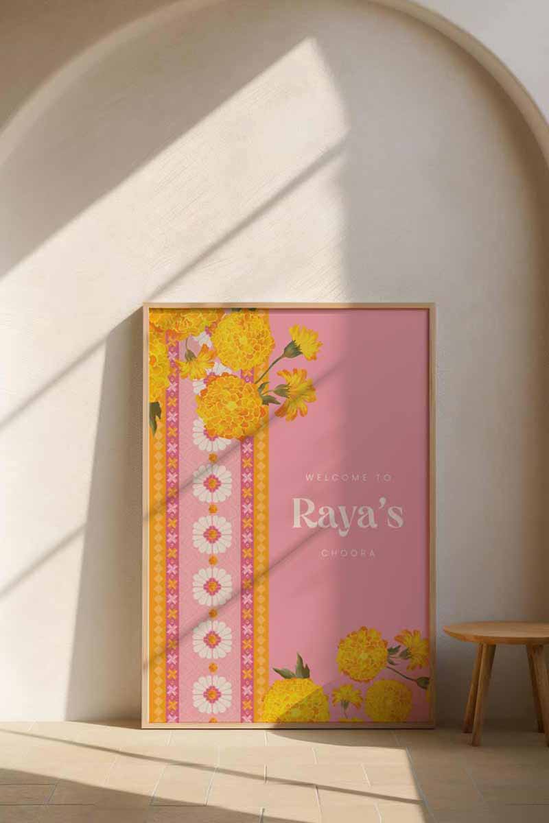 Orange, yellow & soft pink retro Wedding Welcome Sign with orange & yellow marigold florals. Pink roses. Tradiitonal Indian wedding sign. Indian Wedding events for Sangeet, Haldi, Maiyan or Jago. Wedding Signage. Personalize and customize in Canva. Digital Download.  Print around the world at a local print shop.