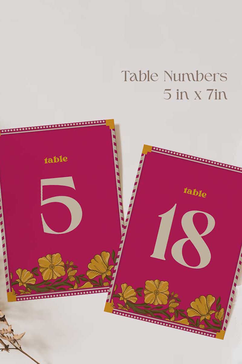 Retro Wedding table numbers with florals in the shades of hot pink, yellow, and beige. Indian Wedding Events like jago, sangeet, mehndi, haldi, chunni & maiyan. 5" x 7" printable stationery. Personalize and customize in Canva. Print at any local printer around the World.