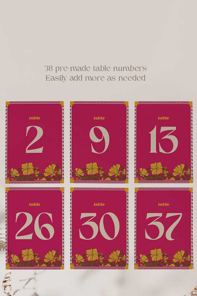 Retro Wedding table numbers with florals in the shades of hot pink, yellow, and beige. Indian Wedding Events like jago, sangeet, mehndi, haldi, chunni & maiyan. 5" x 7" printable stationery. Personalize and customize in Canva. Print at any local printer around the World.