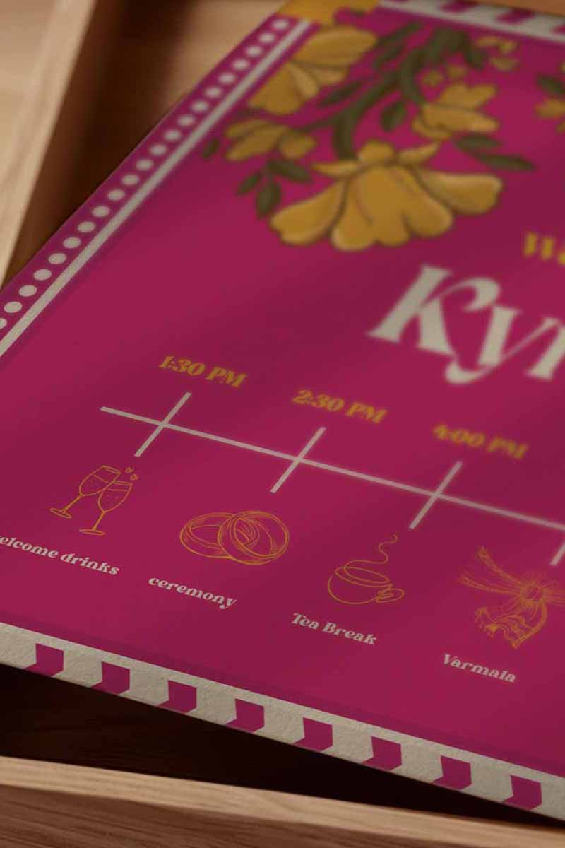 Retro Wedding program sign with hot pink, beige & yellow florals. Indian Wedding events for wedding ceremonies, sangeet, Haldi, Maiyan or Jago. Wedding program and itinerary sign. Wedding Signage. Personalize and customize in Canva. Digital Download.  Print around the world at a local print shop.