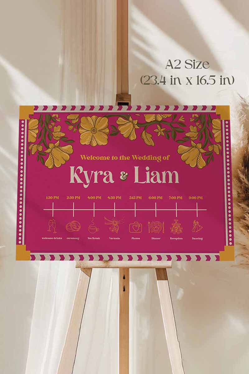 Retro Wedding program sign with hot pink, beige & yellow florals. Indian Wedding events for wedding ceremonies, sangeet, Haldi, Maiyan or Jago. Wedding program and itinerary sign. Wedding Signage. Personalize and customize in Canva. Digital Download.  Print around the world at a local print shop.