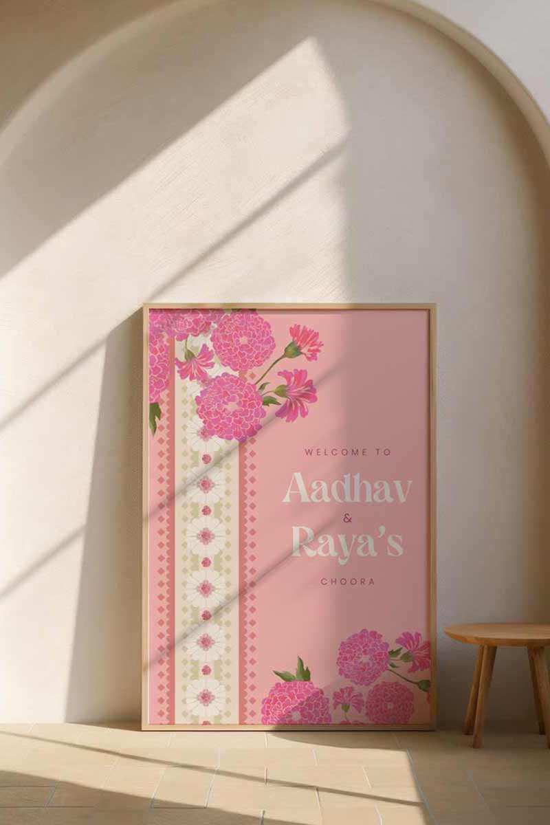 Pastel Pink & Green Retro Wedding Welcome Sign with soft pink marigold florals. Indian Wedding events for Sangeet, Mehndi, Haldi, Maiyan or Jago. Wedding Signage. Personalize and customize in Canva. Digital Download.  Print around the world at a local print shop.