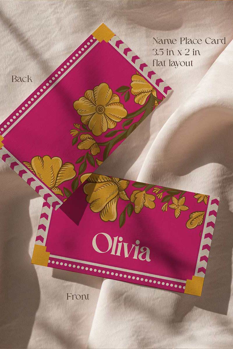 Indian Retro hot pink, yellow & beige marigold floral Wedding Escort Card with yellow marigold florals. Traditional Indian wedding stationery & name place card. Guest name card. Indian Wedding events for Sangeet, Haldi, Maiyan or Jago. Wedding Signage. Personalize and customize in Canva. Digital Download.  Print around the world at a local print shop.