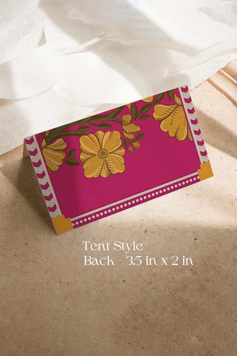 Indian Retro hot pink, yellow & beige marigold floral Wedding Escort Card with yellow marigold florals. Traditional Indian wedding stationery & name place card. Guest name card. Indian Wedding events for Sangeet, Haldi, Maiyan or Jago. Wedding Signage. Personalize and customize in Canva. Digital Download.  Print around the world at a local print shop.