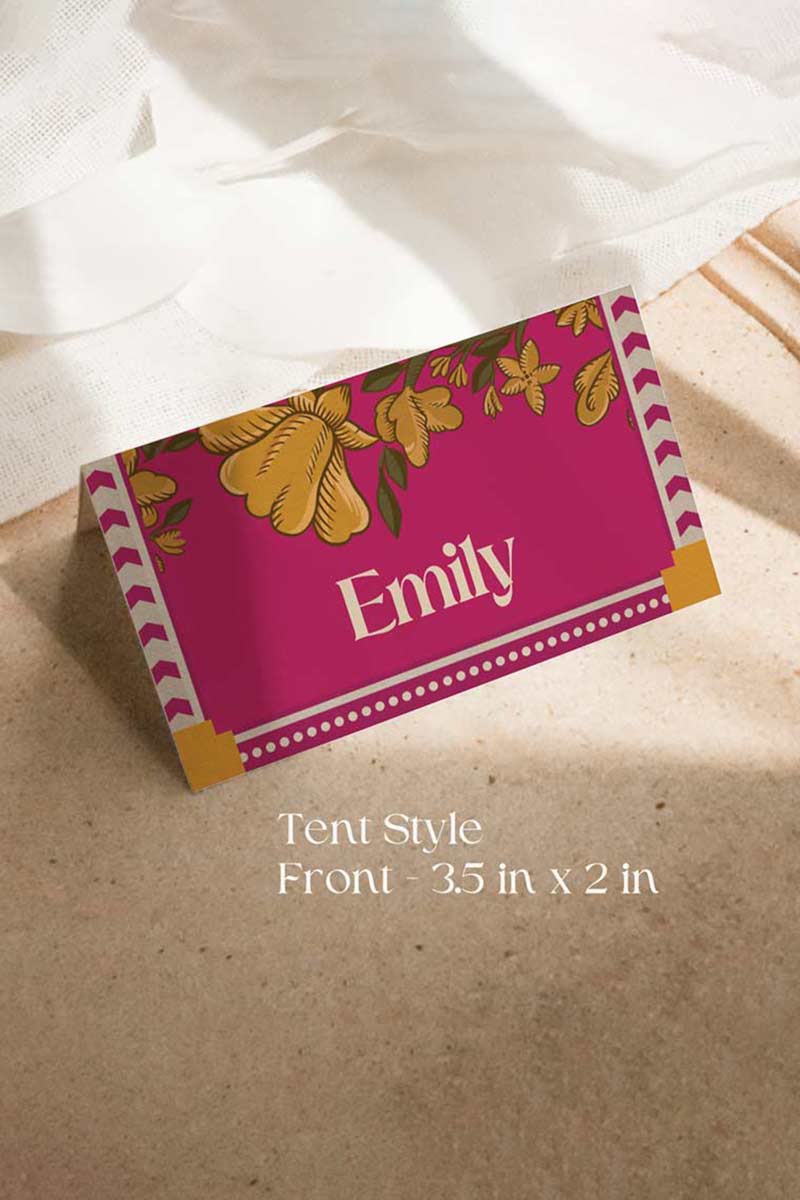 Indian Retro hot pink, yellow & beige marigold floral Wedding Escort Card with yellow marigold florals. Traditional Indian wedding stationery & name place card. Guest name card. Indian Wedding events for Sangeet, Haldi, Maiyan or Jago. Wedding Signage. Personalize and customize in Canva. Digital Download.  Print around the world at a local print shop.