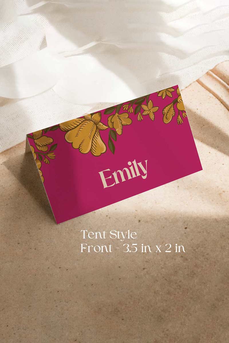 Indian hot pink, yellow & beige marigold floral Wedding Escort Card with yellow marigold florals. Traditional Indian wedding stationery & name place card. Guest name card. Indian Wedding events for Sangeet, Haldi, Maiyan or Jago. Wedding Signage. Personalize and customize in Canva. Digital Download.  Print around the world at a local print shop.