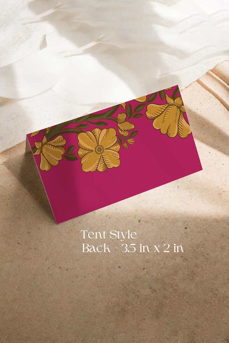 Indian hot pink, yellow & beige marigold floral Wedding Escort Card with yellow marigold florals. Traditional Indian wedding stationery & name place card. Guest name card. Indian Wedding events for Sangeet, Haldi, Maiyan or Jago. Wedding Signage. Personalize and customize in Canva. Digital Download.  Print around the world at a local print shop.