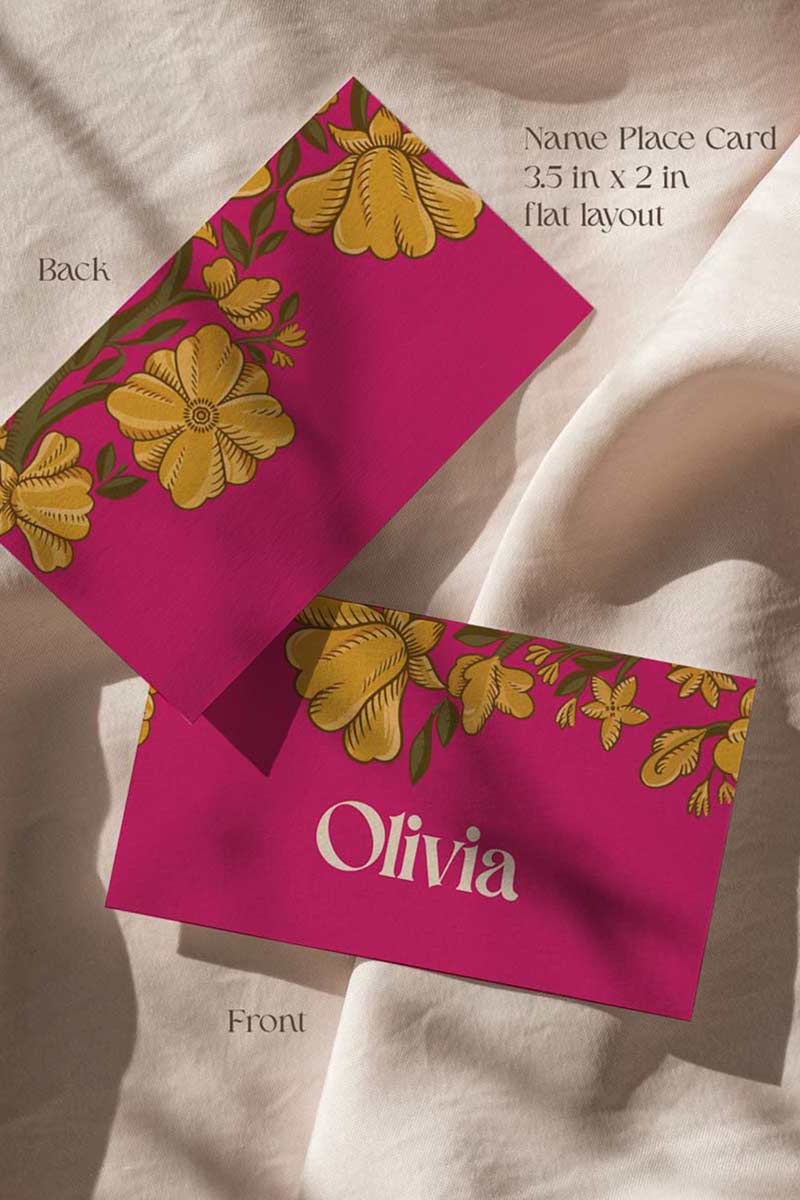 Indian hot pink, yellow & beige marigold floral Wedding Escort Card with yellow marigold florals. Traditional Indian wedding stationery & name place card. Guest name card. Indian Wedding events for Sangeet, Haldi, Maiyan or Jago. Wedding Signage. Personalize and customize in Canva. Digital Download.  Print around the world at a local print shop.