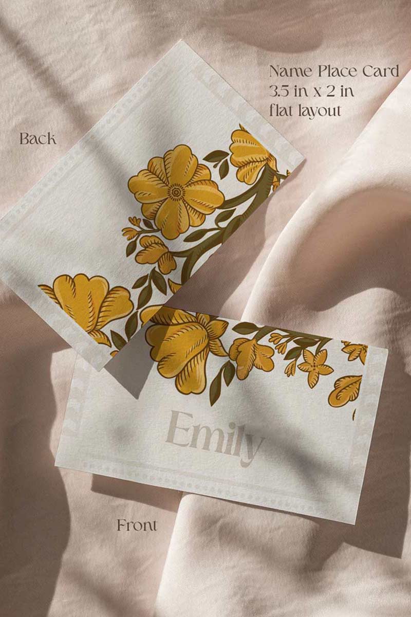 Indian Retro white, yellow & gold marigold floral Wedding Escort Card with yellow marigold florals. Traditional Indian wedding stationery & name place card. Guest name card. Indian Wedding events for Sangeet, Haldi, Maiyan or Jago. Wedding Signage. Personalize and customize in Canva. Digital Download.  Print around the world at a local print shop.