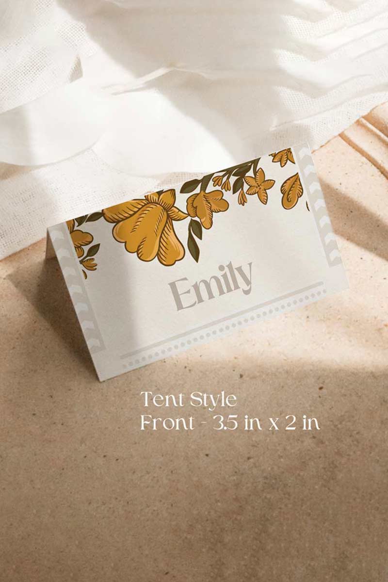 Indian Retro white, yellow & gold marigold floral Wedding Escort Card with yellow marigold florals. Traditional Indian wedding stationery & name place card. Guest name card. Indian Wedding events for Sangeet, Haldi, Maiyan or Jago. Wedding Signage. Personalize and customize in Canva. Digital Download.  Print around the world at a local print shop.