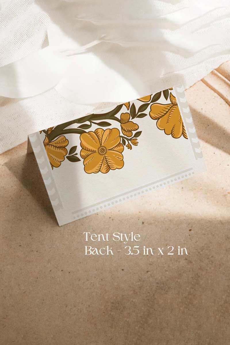 Indian Retro white, yellow & gold marigold floral Wedding Escort Card with yellow marigold florals. Traditional Indian wedding stationery & name place card. Guest name card. Indian Wedding events for Sangeet, Haldi, Maiyan or Jago. Wedding Signage. Personalize and customize in Canva. Digital Download.  Print around the world at a local print shop.