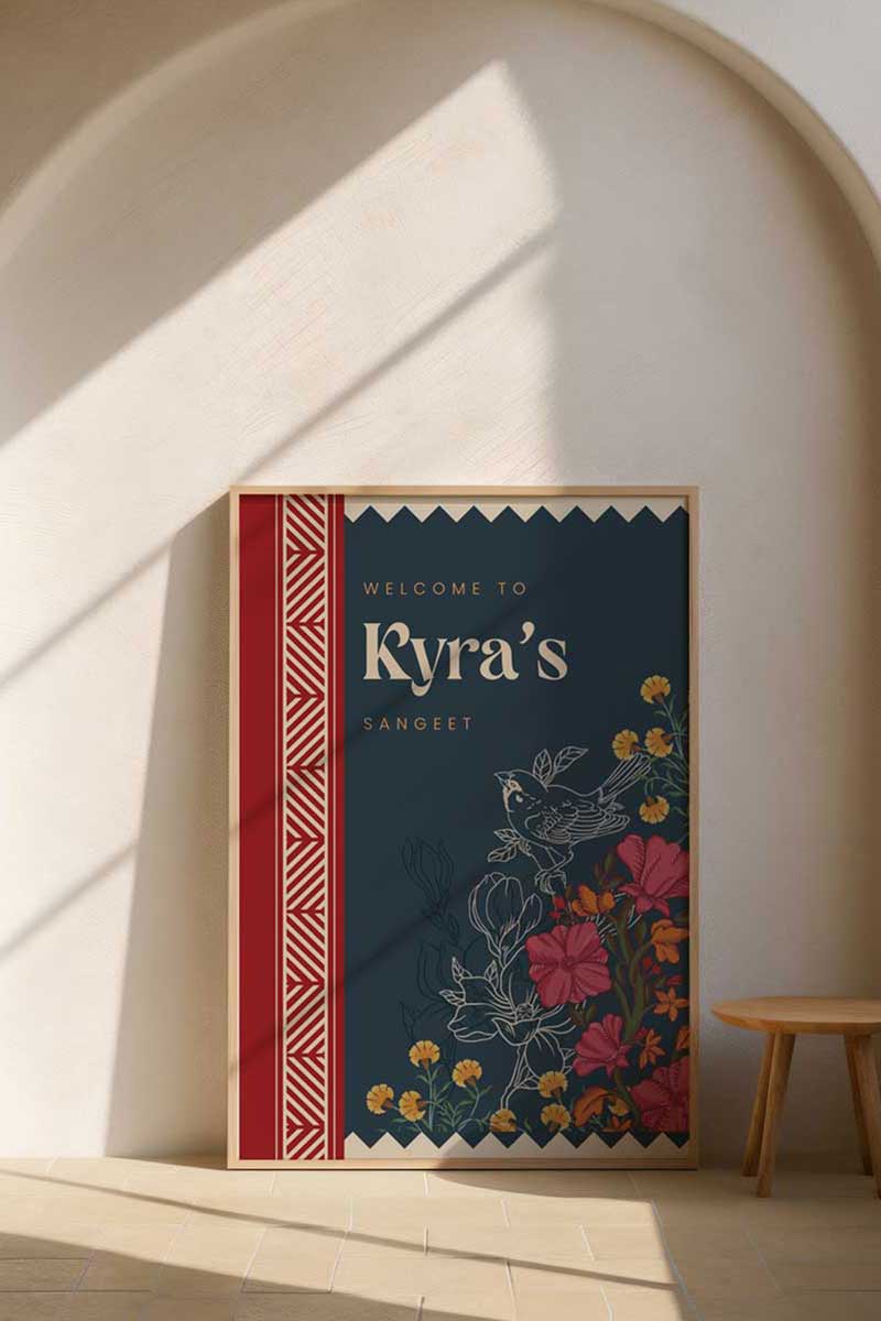 Retro floral Indian wedding welcome sign in the colours of Orange, yellow red & pink. Blue and red welcome sign for indian wedding stationery bundle. Sign with yellow marigold florals. Pink roses. Tradiitonal Indian wedding sign. Indian Wedding events for Sangeet, Haldi, Maiyan or Jago. Wedding Signage. Personalize and customize in Canva. Digital Download.  Print around the world at a local print shop.