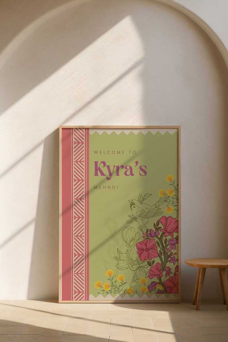 Retro floral Indian wedding welcome sign in the colours of yellow, purple, pink, green & beige. Pastel Green, pink & mauve welcome sign for indian wedding stationery bundle. Sign with yellow marigold florals. Pink roses. Tradiitonal Indian wedding sign. Indian Wedding events for Sangeet, Haldi, Maiyan or Jago. Wedding Signage. Personalize and customize in Canva. Digital Download.  Print around the world at a local print shop.