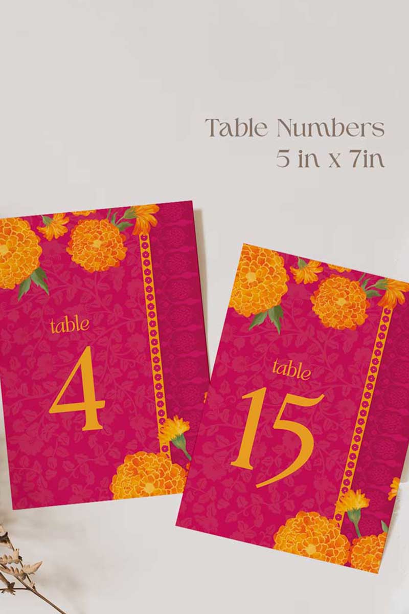 Orange Marigold Floral table numbers. Wedding, engagement, bridal shower, baby shower signage. In the shades of hot pink, orange, yellow & beige. Indian Wedding Table Decor. Sangeet, Maiyan & Jago, Mehndi, Haldi, Engagement, Birthday, Bridal Shower, Baby Shower. Wedding & event stationery. Personalize & customize in Canva. Digital Download. Print around the world at a local print shop.