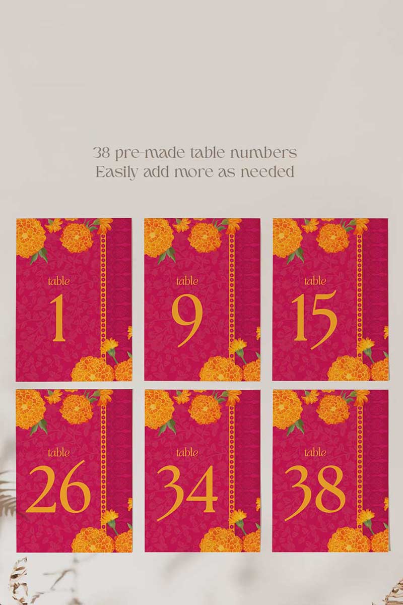 Orange Marigold Floral table numbers. Wedding, engagement, bridal shower, baby shower signage. In the shades of hot pink, orange, yellow & beige. Indian Wedding Table Decor. Sangeet, Maiyan & Jago, Mehndi, Haldi, Engagement, Birthday, Bridal Shower, Baby Shower. Wedding & event stationery. Personalize & customize in Canva. Digital Download. Print around the world at a local print shop.