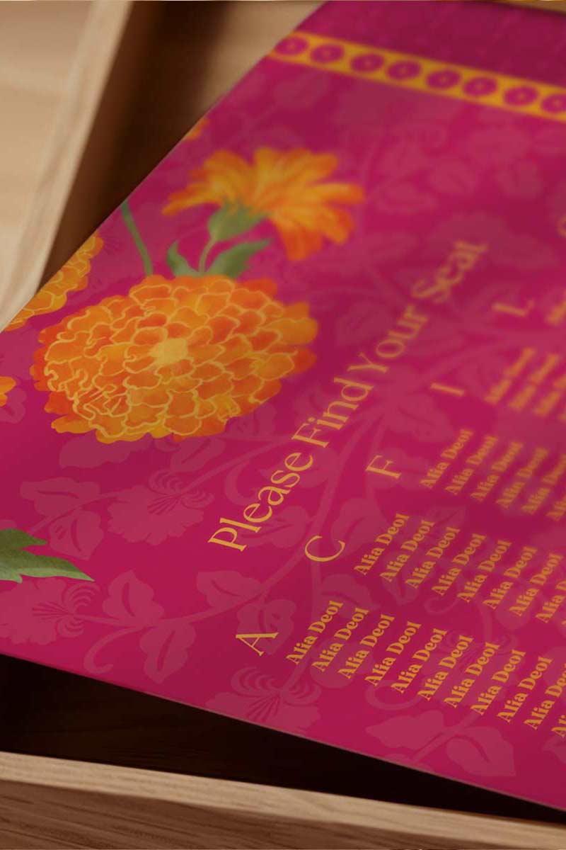 Hot Pink Wedding Seating Chart with yellow & orange marigold florals. Indian Wedding events for Sangeet, Haldi, Maiyan or Jago. Find your seat. Wedding Signage. Personalize and customize in Canva. Digital Download.  Print around the world at a local print shop.