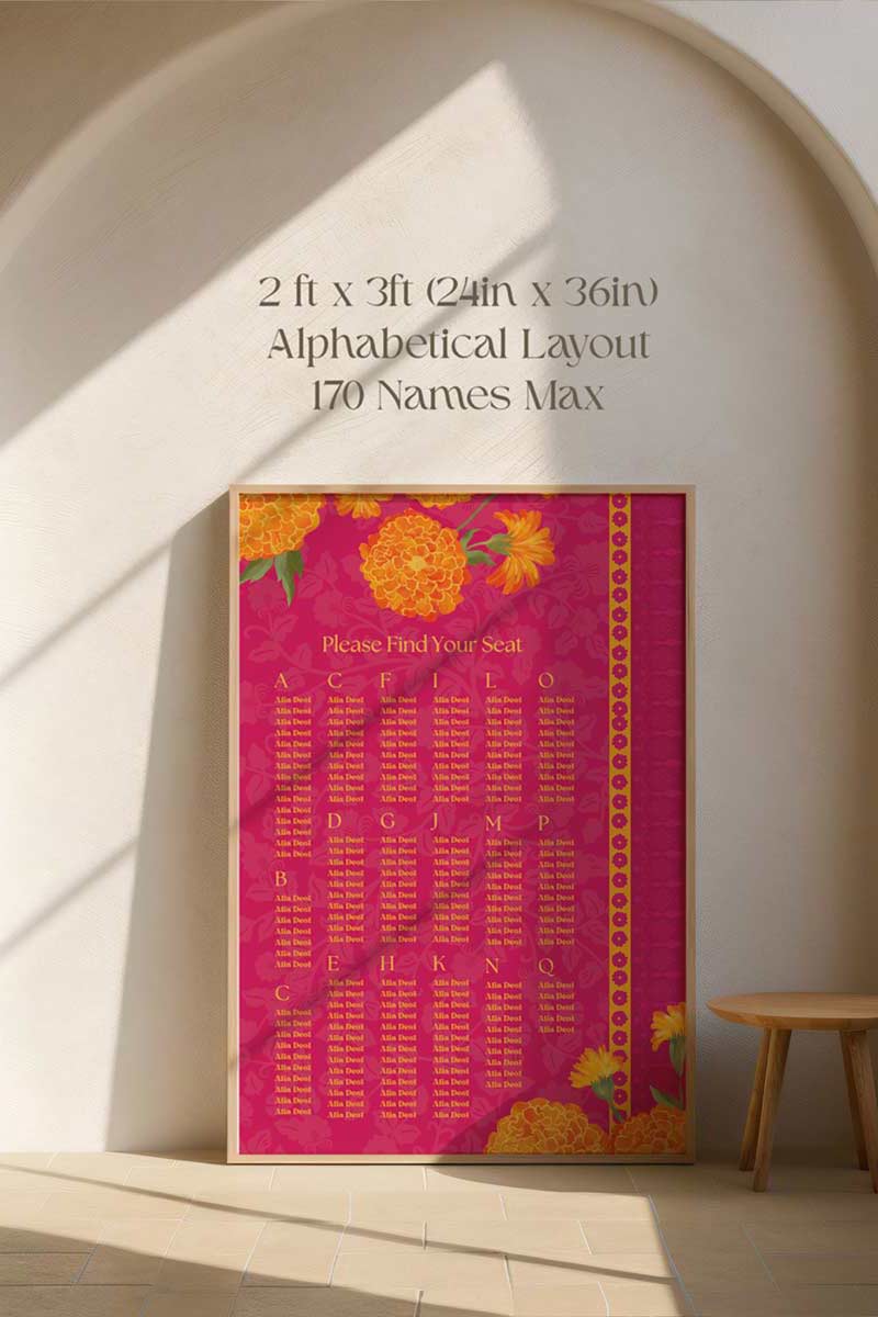 Hot Pink Wedding Seating Chart with yellow & orange marigold florals. Indian Wedding events for Sangeet, Haldi, Maiyan or Jago. Find your seat. Wedding Signage. Personalize and customize in Canva. Digital Download.  Print around the world at a local print shop.