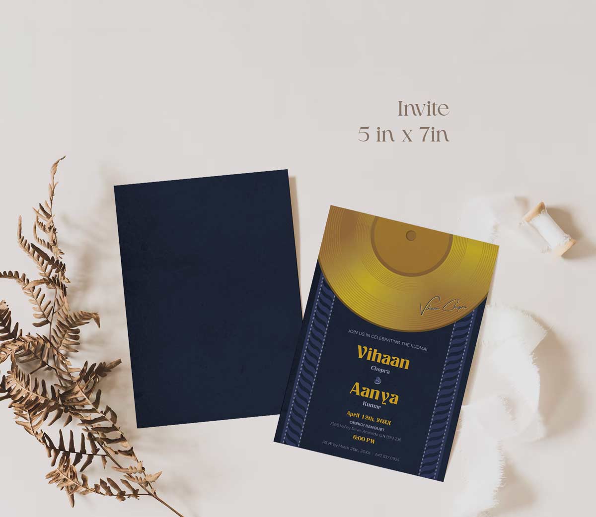 DJ vinyl record invitation. Golden Record. birthday invite. Wedding, engagement, bridal shower, baby shower stationery. Shades of blue & yellow. Wedding & event stationery. Personalize & customize in Canva. Digital Download. Print around the world at a local print shop