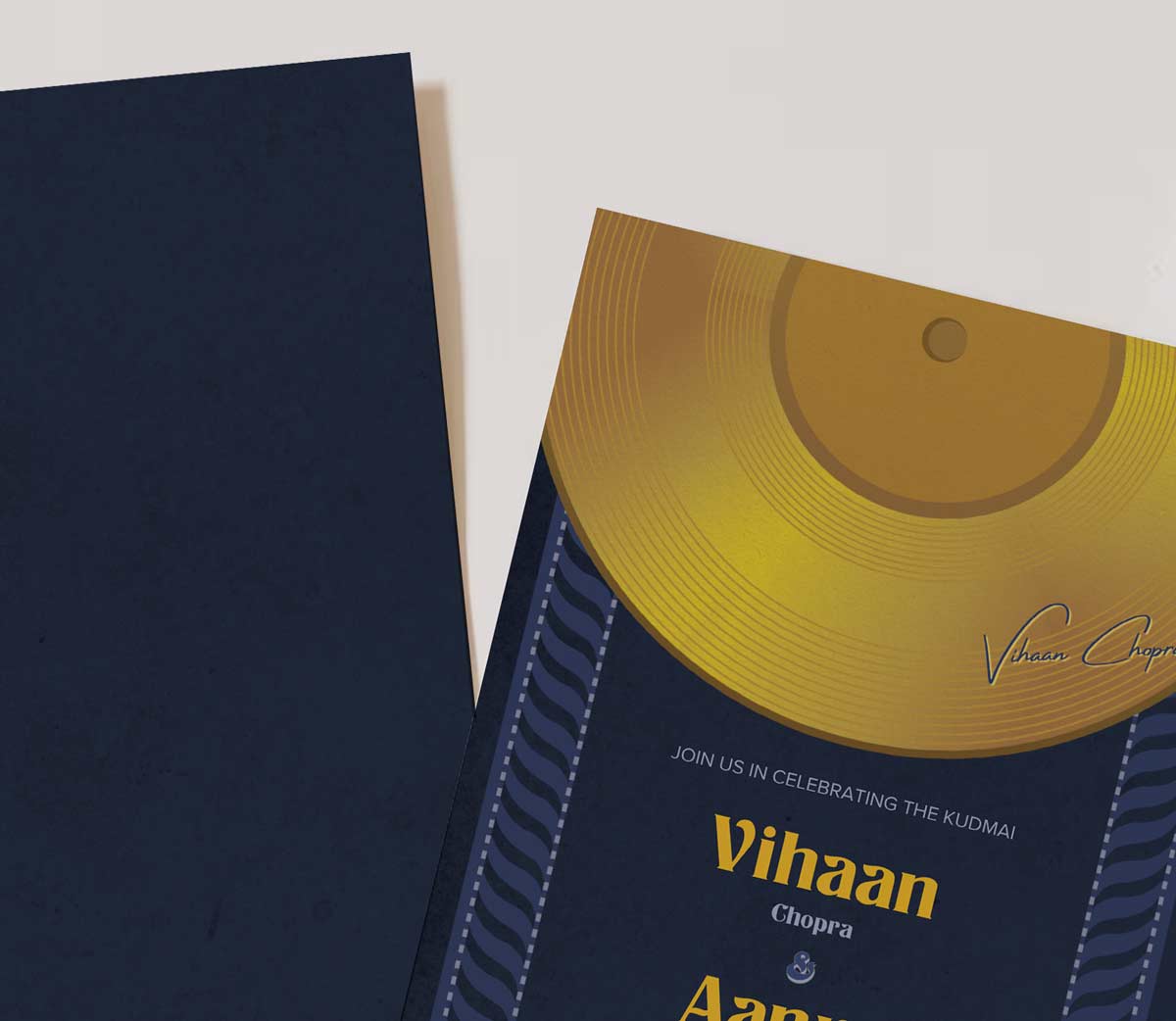DJ vinyl record invitation. Golden Record. birthday invite. Wedding, engagement, bridal shower, baby shower stationery. Shades of blue & yellow. Wedding & event stationery. Personalize & customize in Canva. Digital Download. Print around the world at a local print shop