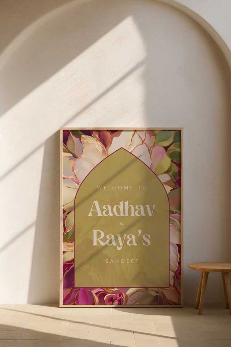Multi-coloured floral Wedding Welcome Sign with hot pink, sage green, mehndi green & ivory florals. Indian Wedding events for Sangeet, Haldi, Maiyan or Jago. Wedding Signage. Personalize and customize in Canva. Digital Download.  Print around the world at a local print shop.