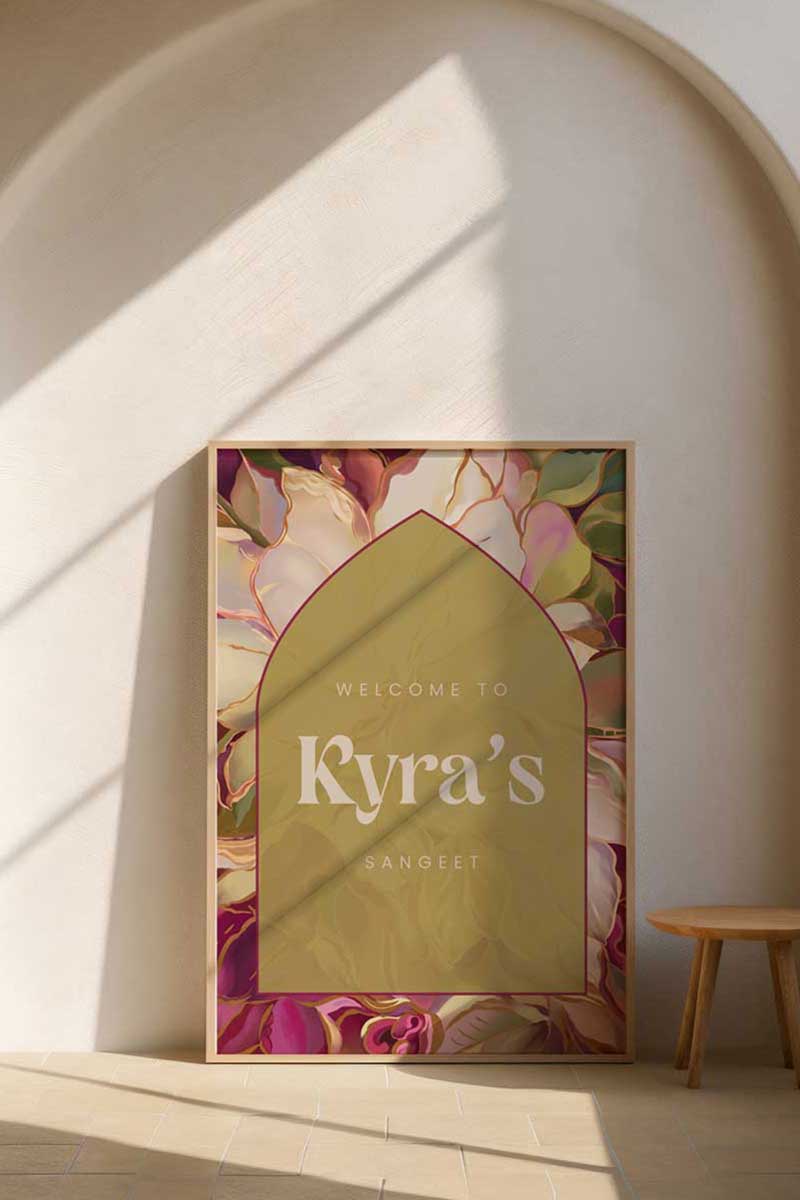 Multi-coloured floral Wedding Welcome Sign with hot pink, sage green, mehndi green & ivory florals. Indian Wedding events for Sangeet, Haldi, Maiyan or Jago. Wedding Signage. Personalize and customize in Canva. Digital Download.  Print around the world at a local print shop.