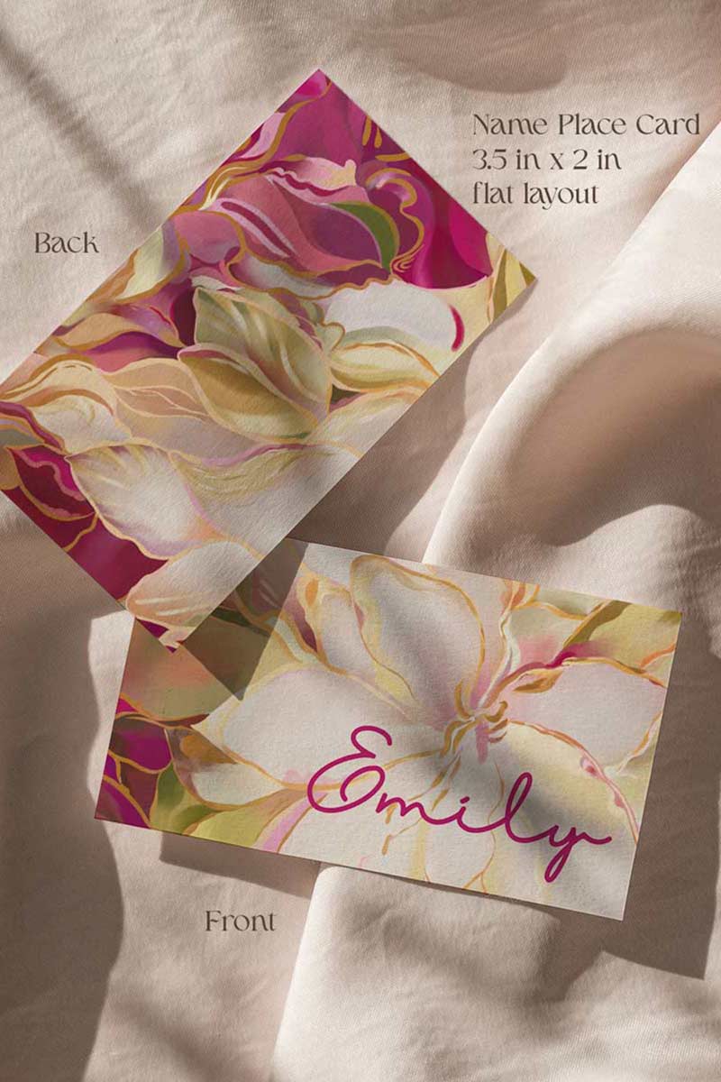 Soft floral, hot pink, magenta, yellow & beige rose & lilly floral Wedding Escort Card with yellow marigold florals. Traditional Indian wedding stationery & name place card. Guest name card. Indian Wedding events for Sangeet, Haldi, Maiyan or Jago. Wedding Signage. Personalize and customize in Canva. Digital Download.  Print around the world at a local print shop.