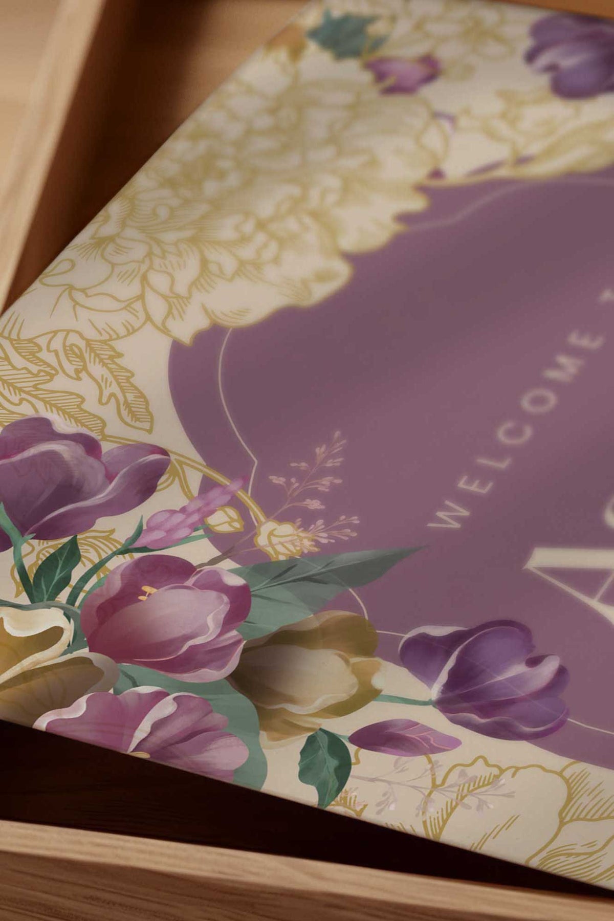 Floral Wedding Welcome Sign with purple & yellow florals. Indian Wedding events for Sangeet, Haldi, Maiyan or Jago. Wedding Signage, Anand Karaj. Personalize and customize in Canva. Digital Download.  Print around the world at a local print shop.