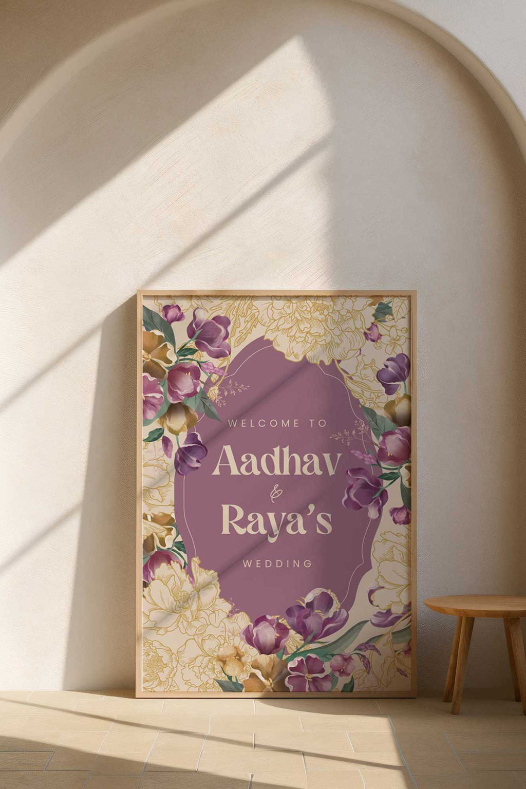 Floral Wedding Welcome Sign with purple & yellow florals. Indian Wedding events for Sangeet, Haldi, Maiyan or Jago. Wedding Signage, Anand Karaj. Personalize and customize in Canva. Digital Download.  Print around the world at a local print shop.