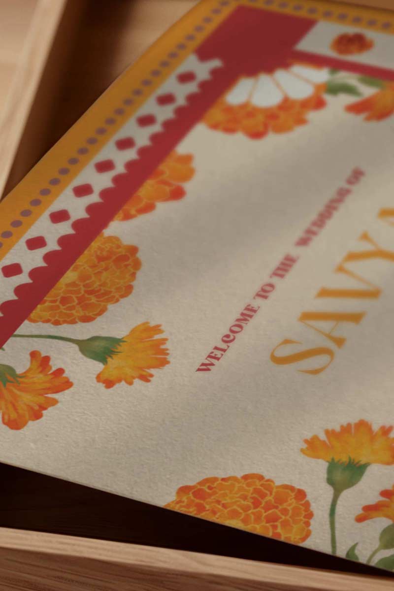 Retro Marigold Wedding folded program card in the shades of red, orange, green, and white. With orange, red & yellow florals. Jaipur block print artwork. It is inspired by the retro Indian era style design and art. Sized at 5" x 7" with front and back design options. Indian Wedding Invitation Set. Personalize and customize in Canva. Print at any local printer around the World. Florals & Birds
