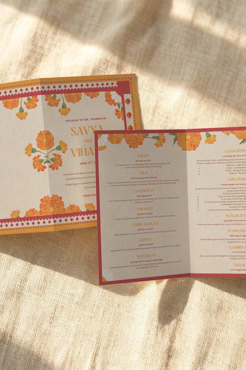 Retro Marigold Wedding folded program card in the shades of red, orange, green, and white. With orange, red & yellow florals. Jaipur block print artwork. It is inspired by the retro Indian era style design and art. Sized at 5" x 7" with front and back design options. Indian Wedding Invitation Set. Personalize and customize in Canva. Print at any local printer around the World. Florals & Birds