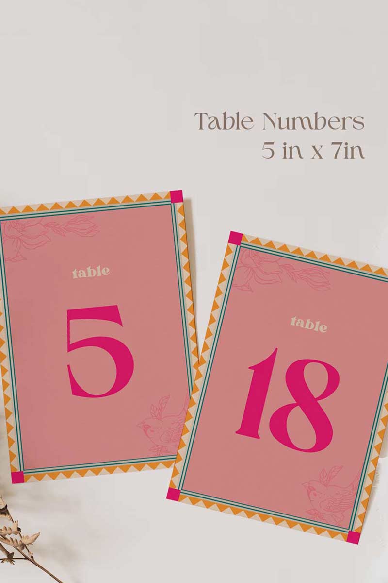 Retro Wedding table numbers with florals in the shades of pink, orange, and teal. Indian Wedding Events like jago, sangeet, mehndi, haldi, chunni & maiyan. 5" x 7" printable stationery. Personalize and customize in Canva. Print at any local printer around the World.