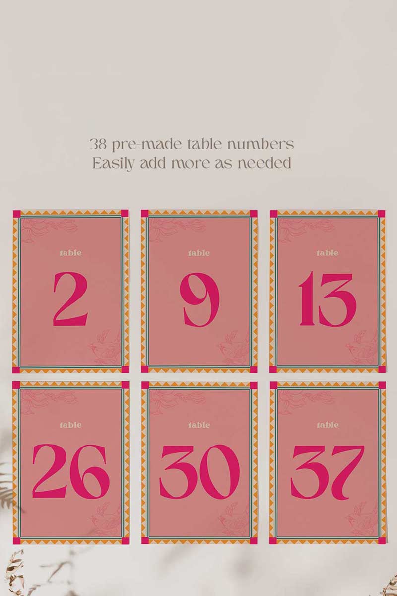 Retro Wedding table numbers with florals in the shades of pink, orange, and teal. Indian Wedding Events like jago, sangeet, mehndi, haldi, chunni & maiyan. 5" x 7" printable stationery. Personalize and customize in Canva. Print at any local printer around the World.