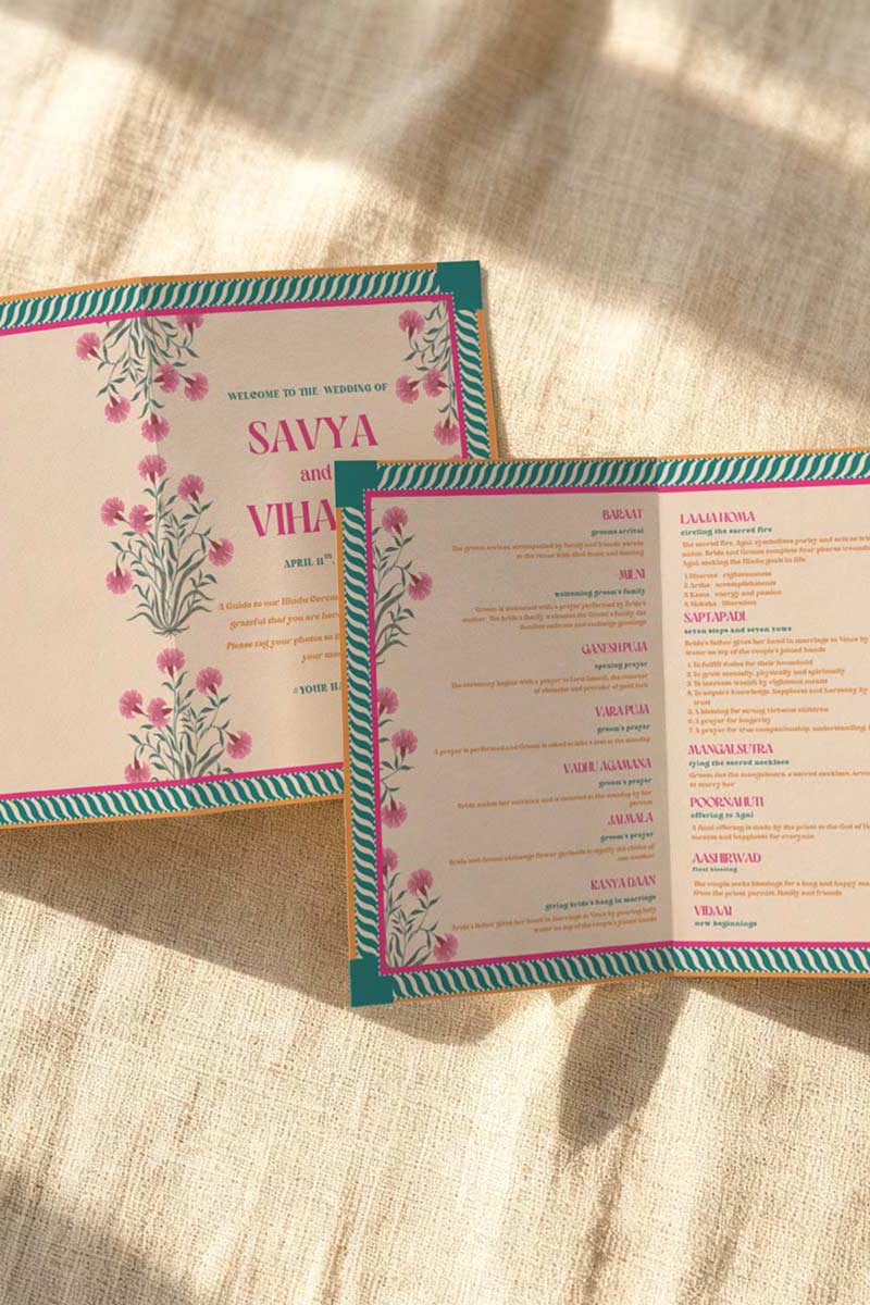 Retro Jaipur Floral Motif Wedding folded program card in the shades of hot pink, teal, yellow, green, and white. With pink florals. Jaipur block print artwork. It is inspired by the retro Indian era style design and art. Sized at 5" x 7" with front and back design options. Indian Wedding Invitation Set. Personalize and customize in Canva. Print at any local printer around the World. Florals & Birds