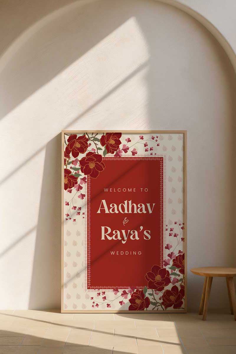 Rose Red & Gold Floral Welcome Sign with a beige background. Wedding Signage. Engagement signage, Bridal Shower signage. Baby Shower Signage. Birthday Signage. Fun floral signage for events. Wedding ceremony sign. Flat floral design with magnolias. Personalize and customize in Canva. Welcome Board. Digital Download. Print anywhere in the World at your local printer