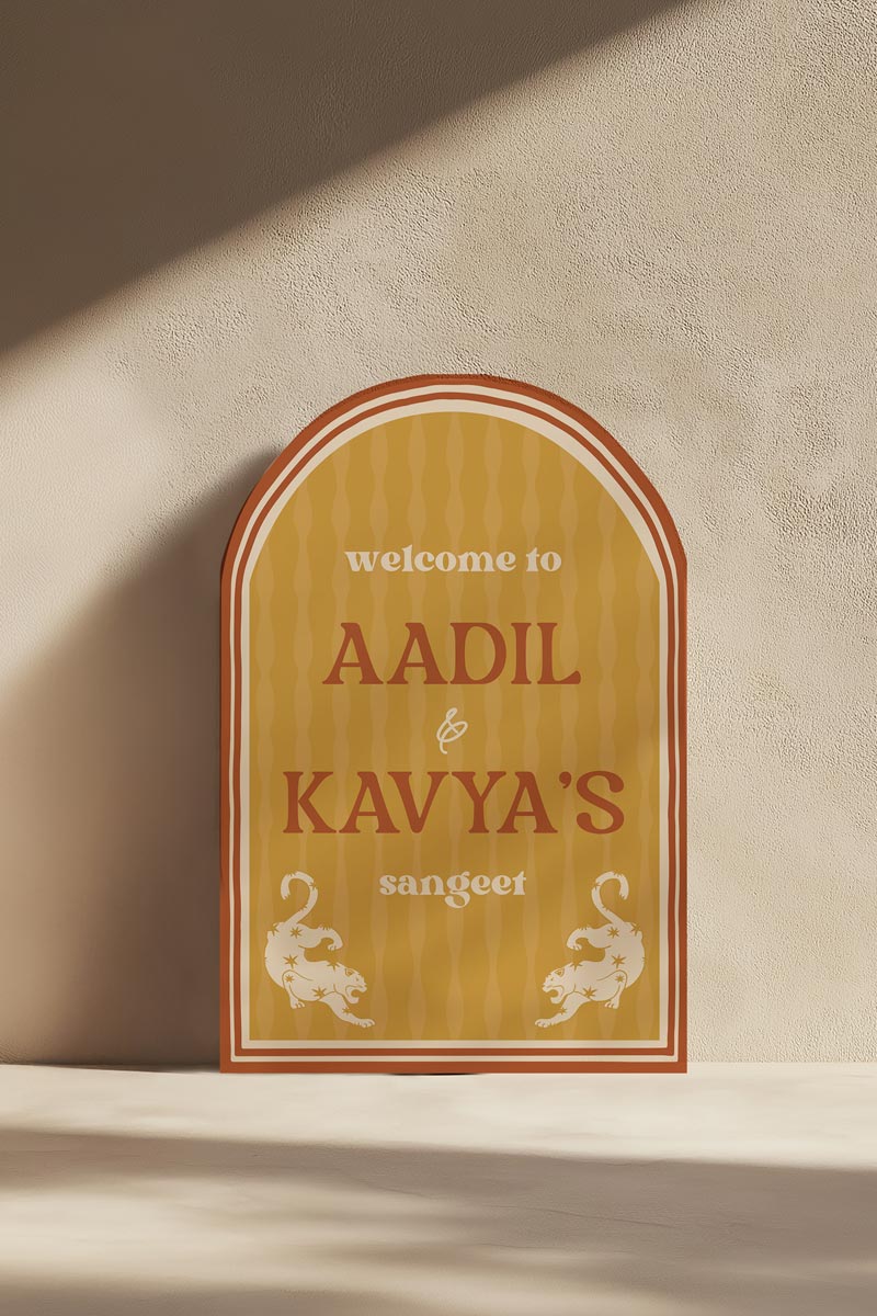 Terracotta & Yellow tiger Indian Wedding Welcome Sign. Modern Indian print design. Indian Wedding events for Sangeet, Haldi, Maiyan or Jago. Wedding Signage, Anand Karaj. Personalize and customize in Canva. Digital Download.  Print around the world at a local print shop.