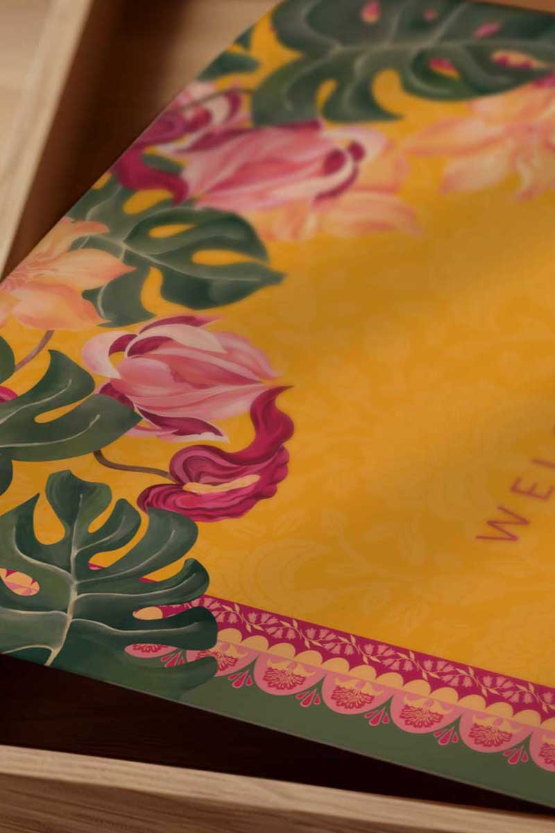 Orange, yellow & pink tropical floral Wedding Welcome Sign with orange marigold florals. Pink roses. Traditional Indian wedding sign. Indian Wedding events for Sangeet, Haldi, Maiyan or Jago. Wedding Signage. Personalize and customize in Canva. Digital Download.  Print around the world at a local print shop.
