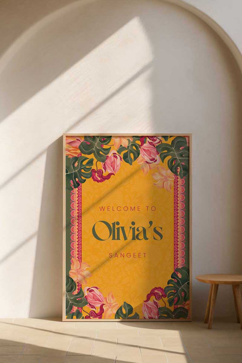 Orange, yellow & pink tropical floral Wedding Welcome Sign with orange marigold florals. Pink roses. Traditional Indian wedding sign. Indian Wedding events for Sangeet, Haldi, Maiyan or Jago. Wedding Signage. Personalize and customize in Canva. Digital Download.  Print around the world at a local print shop.