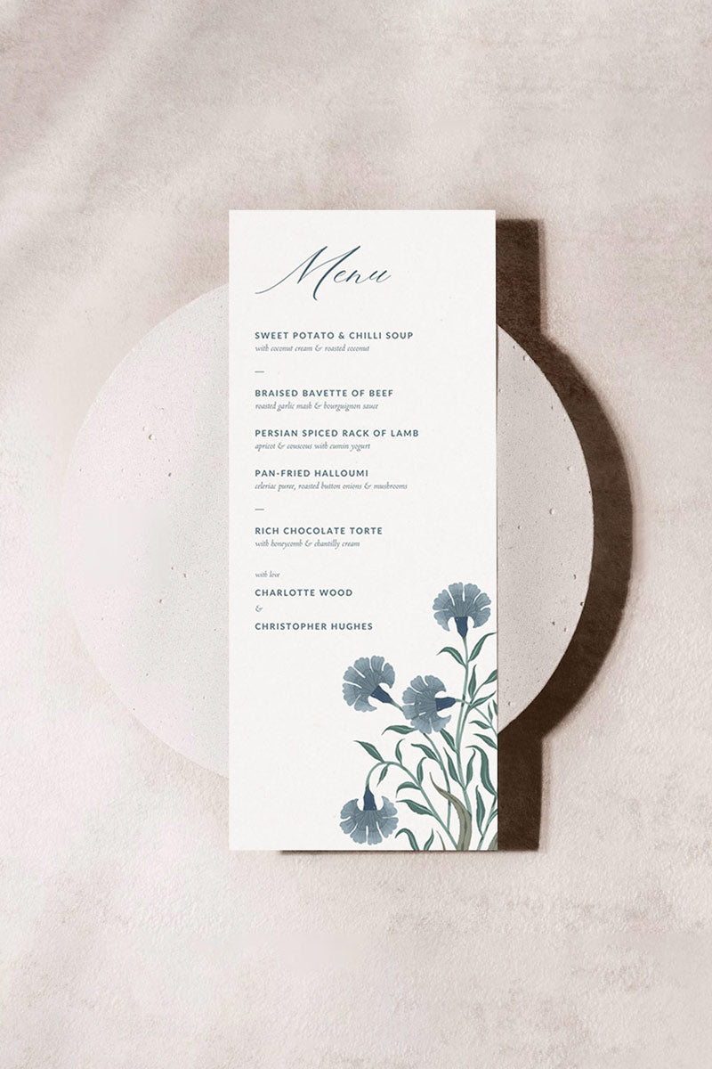 Indian blue floral motif wedding menu card. Sized to 4" x 9". Elegant design with modern typography. Plated menu card for events. Wedding ceremony, reception, sangeet, haldi, mehndi. Digital download and editable in Canva. 