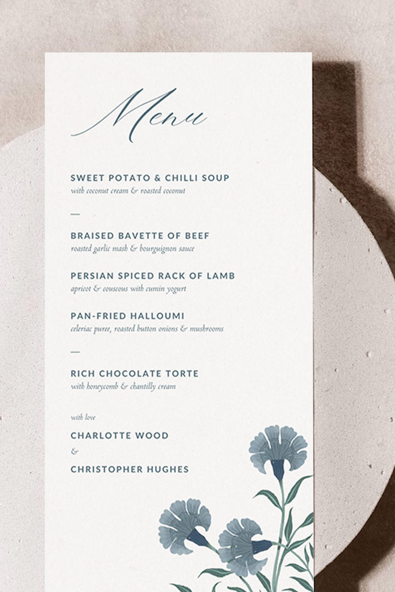 Indian blue floral motif wedding menu card. Sized to 4" x 9". Elegant design with modern typography. Plated menu card for events. Wedding ceremony, reception, sangeet, haldi, mehndi. Digital download and editable in Canva. 