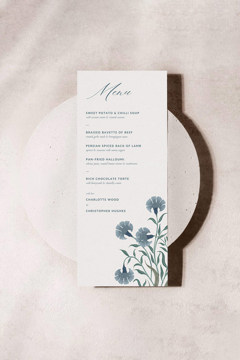 Indian blue floral motif wedding menu card. Sized to 4" x 9". Elegant design with modern typography. Plated menu card for events. Wedding ceremony, reception, sangeet, haldi, mehndi. Digital download and editable in Canva. 