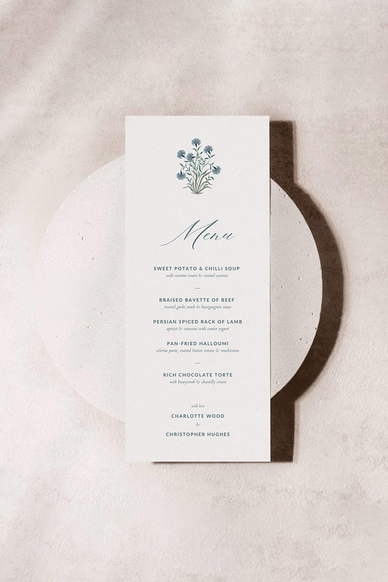 Indian blue floral motif wedding menu card. Sized to 4" x 9". Elegant design with modern typography. Plated menu card for events. Wedding ceremony, reception, sangeet, haldi, mehndi. Digital download and editable in Canva. 